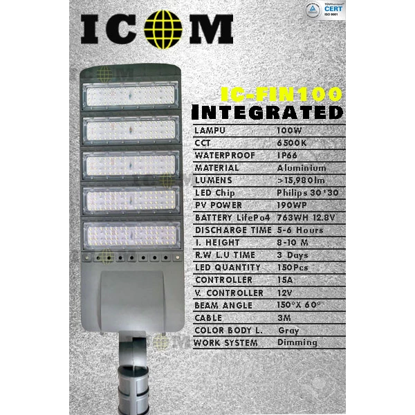 Lampu Two in One ICOM IC-FIN100 Intergrated 100watt lengkap Tiang 7m Okta 